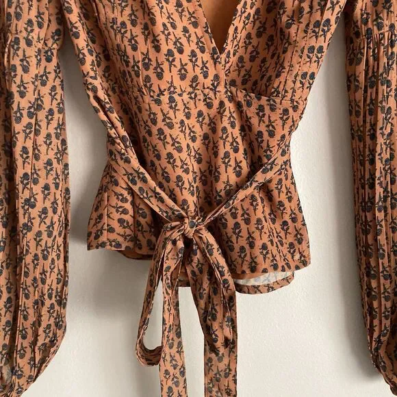 Anthropologie PORRIDGE Puff Long Sleeve Wrap Blouse Size Small Brown Floral - Picture 6 of 8